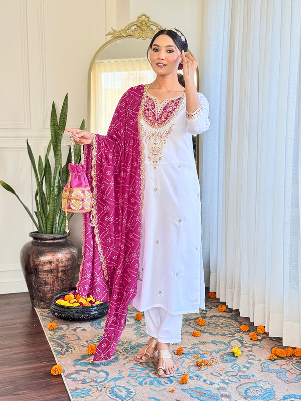 Women's BSY Viscose Embroidered Straight Kurta with Pant & Silk Blend Dupatta Set