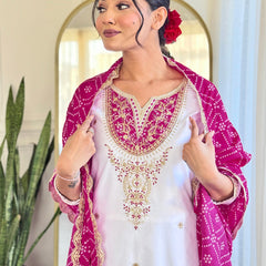 Women's BSY Viscose Embroidered Straight Kurta with Pant & Silk Blend Dupatta Set