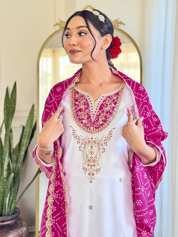 Women's BSY Viscose Embroidered Straight Kurta with Pant & Silk Blend Dupatta Set