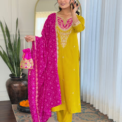 Women's BSY Viscose Embroidered Straight Kurta with Pant & Silk Blend Dupatta Set