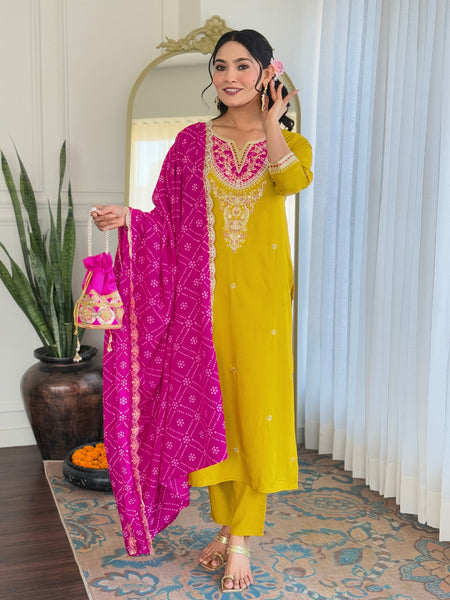 Women's BSY Viscose Embroidered Straight Kurta with Pant & Silk Blend Dupatta Set