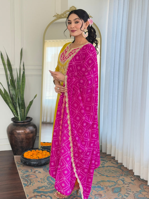 Women's BSY Viscose Embroidered Straight Kurta with Pant & Silk Blend Dupatta Set