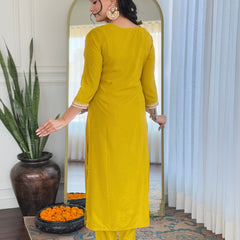 Women's BSY Viscose Embroidered Straight Kurta with Pant & Silk Blend Dupatta Set