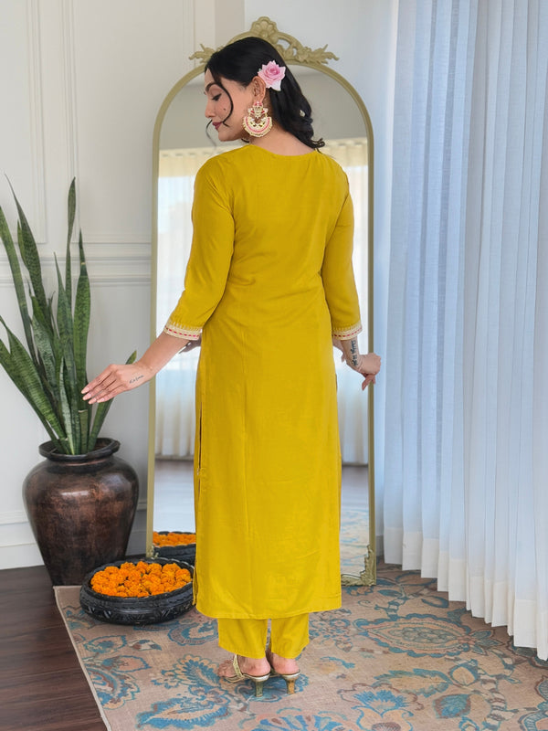 Women's BSY Viscose Embroidered Straight Kurta with Pant & Silk Blend Dupatta Set