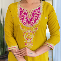 Women's BSY Viscose Embroidered Straight Kurta with Pant & Silk Blend Dupatta Set