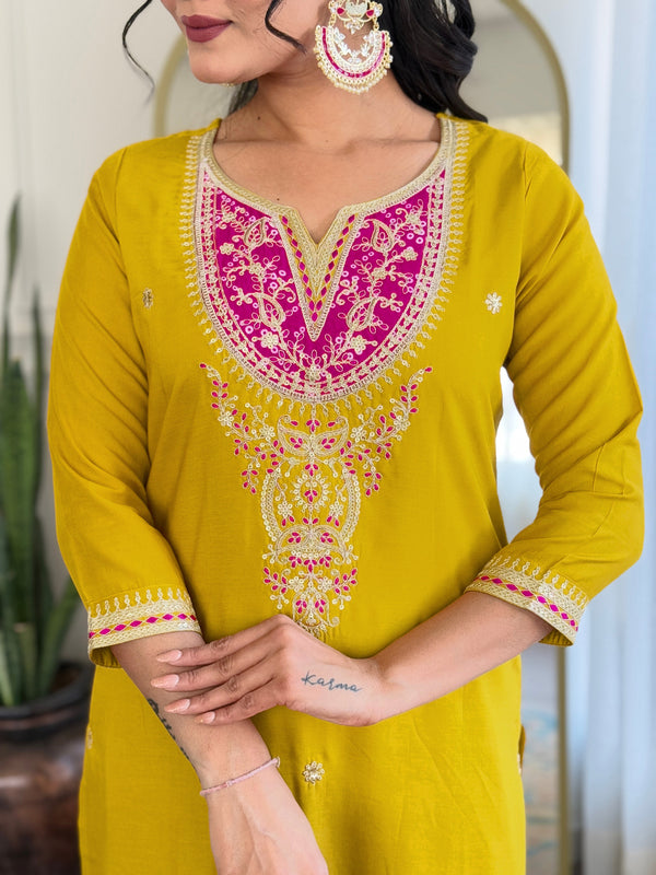 Women's BSY Viscose Embroidered Straight Kurta with Pant & Silk Blend Dupatta Set