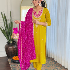 Women's BSY Viscose Embroidered Straight Kurta with Pant & Silk Blend Dupatta Set