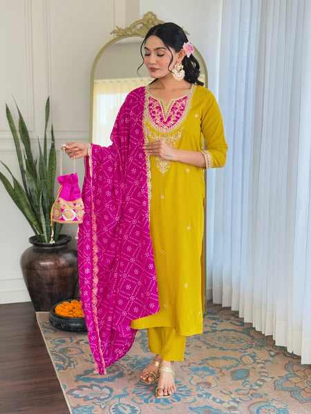 Women's BSY Viscose Embroidered Straight Kurta with Pant & Silk Blend Dupatta Set