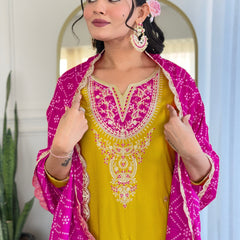 Women's BSY Viscose Embroidered Straight Kurta with Pant & Silk Blend Dupatta Set