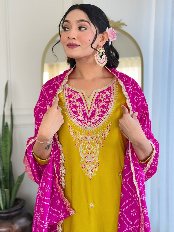 Women's BSY Viscose Embroidered Straight Kurta with Pant & Silk Blend Dupatta Set