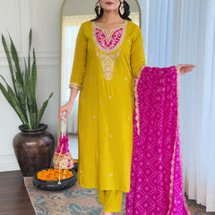 Women's BSY Viscose Embroidered Straight Kurta with Pant & Silk Blend Dupatta Set