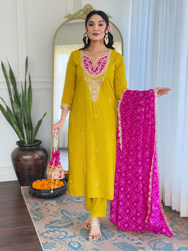 Women's BSY Viscose Embroidered Straight Kurta with Pant & Silk Blend Dupatta Set