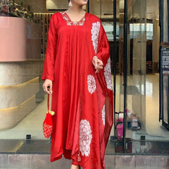 Women's Red Chinon Embroidered Flared Kurta with Rayon Pant & Chinon Printed Dupatta Set