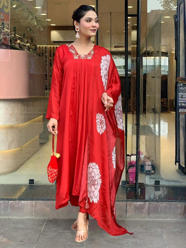 Women's Red Chinon Embroidered Flared Kurta with Rayon Pant & Chinon Printed Dupatta Set