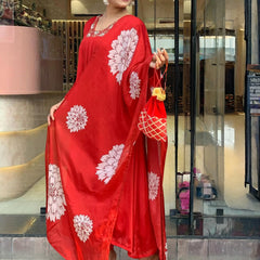 Women's Red Chinon Embroidered Flared Kurta with Rayon Pant & Chinon Printed Dupatta Set