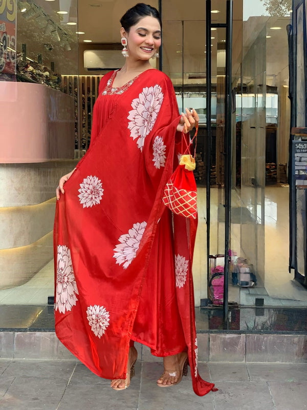 Women's Red Chinon Embroidered Flared Kurta with Rayon Pant & Chinon Printed Dupatta Set