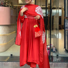 Women's Red Chinon Embroidered Flared Kurta with Rayon Pant & Chinon Printed Dupatta Set