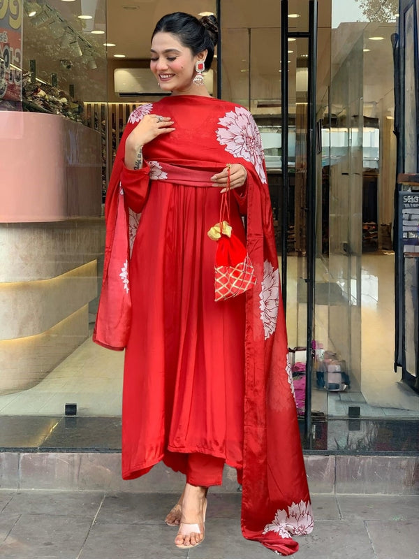Women's Red Chinon Embroidered Flared Kurta with Rayon Pant & Chinon Printed Dupatta Set