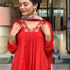 Women's Red Chinon Embroidered Flared Kurta with Rayon Pant & Chinon Printed Dupatta Set
