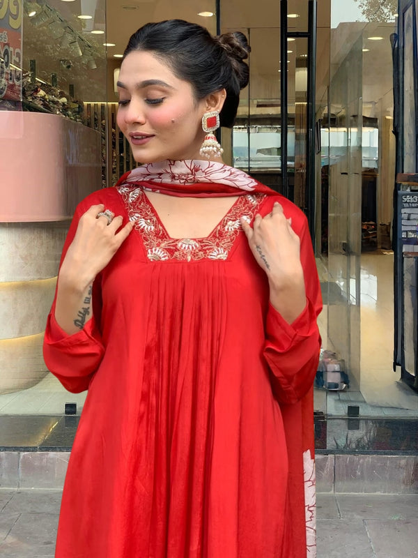 Women's Red Chinon Embroidered Flared Kurta with Rayon Pant & Chinon Printed Dupatta Set