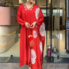 Women's Red Chinon Embroidered Flared Kurta with Rayon Pant & Chinon Printed Dupatta Set