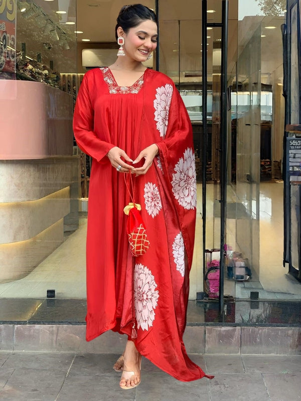 Women's Red Chinon Embroidered Flared Kurta with Rayon Pant & Chinon Printed Dupatta Set