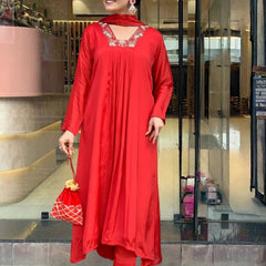 Women's Red Chinon Embroidered Flared Kurta with Rayon Pant & Chinon Printed Dupatta Set