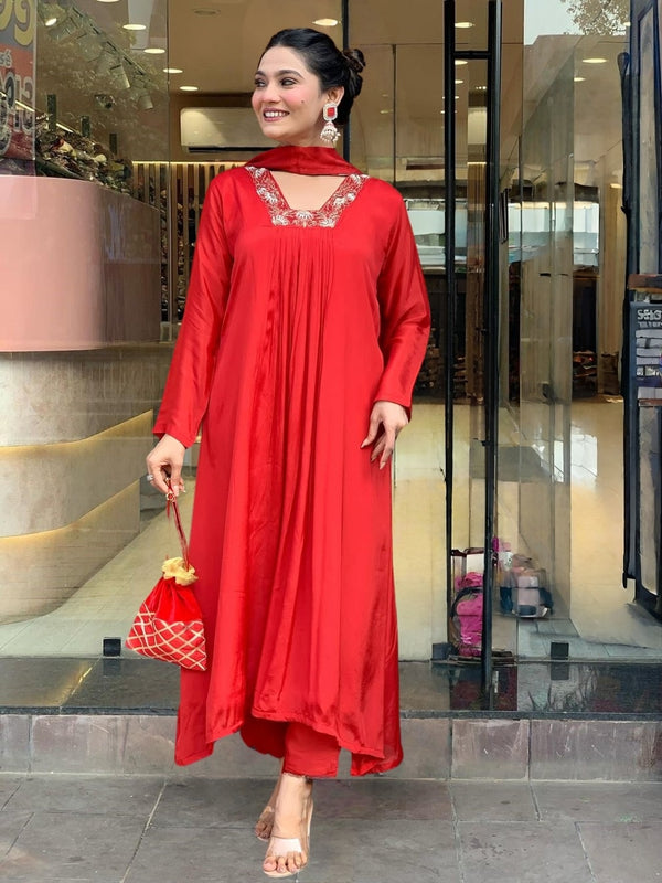 Women's Red Chinon Embroidered Flared Kurta with Rayon Pant & Chinon Printed Dupatta Set