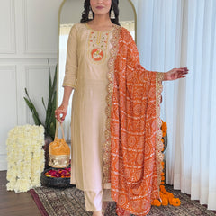 Women's Chiku BSY Viscose Embroidered Straight Kurta with Pant & Silk Blend Embroidered Laced Dupatta Set