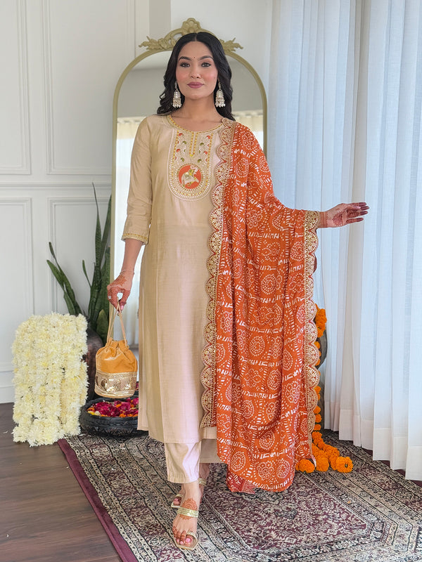 Women's Chiku BSY Viscose Embroidered Straight Kurta with Pant & Silk Blend Embroidered Laced Dupatta Set