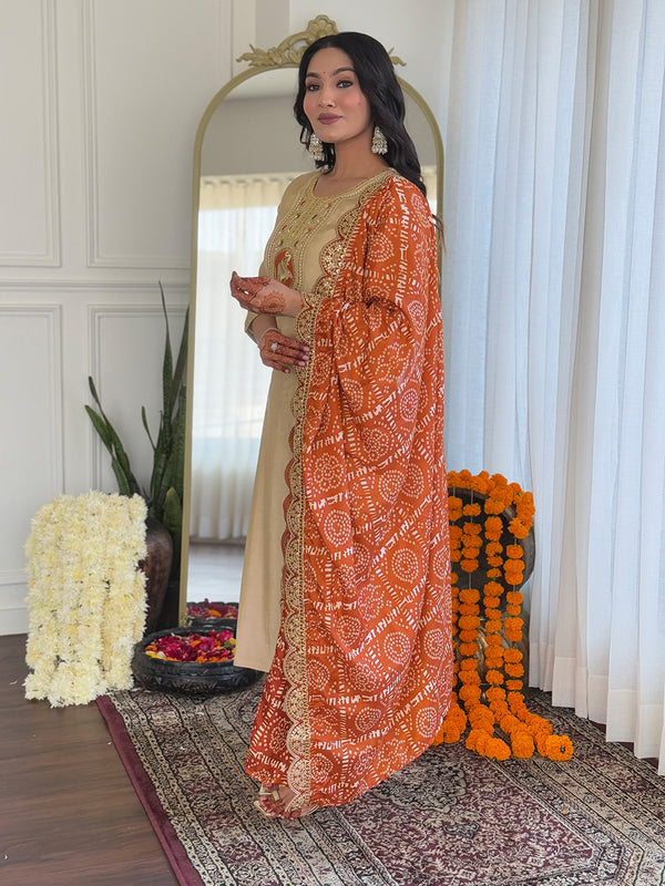 Women's Chiku BSY Viscose Embroidered Straight Kurta with Pant & Silk Blend Embroidered Laced Dupatta Set
