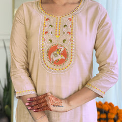 Women's Chiku BSY Viscose Embroidered Straight Kurta with Pant & Silk Blend Embroidered Laced Dupatta Set