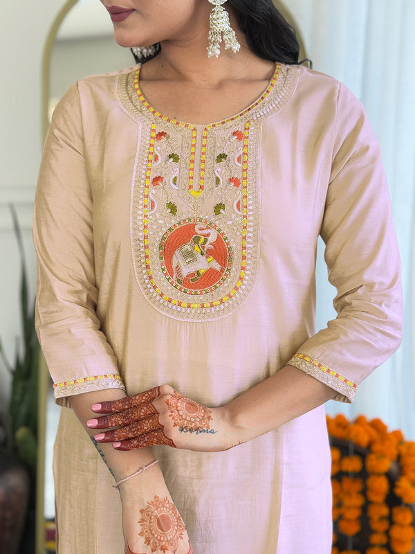 Women's Chiku BSY Viscose Embroidered Straight Kurta with Pant & Silk Blend Embroidered Laced Dupatta Set