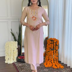 Women's Chiku BSY Viscose Embroidered Straight Kurta with Pant & Silk Blend Embroidered Laced Dupatta Set