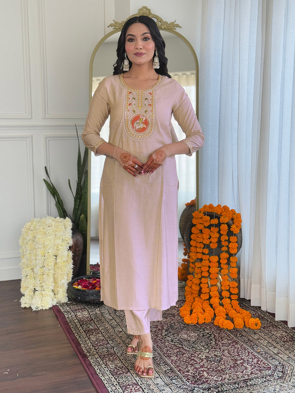 Women's Chiku BSY Viscose Embroidered Straight Kurta with Pant & Silk Blend Embroidered Laced Dupatta Set