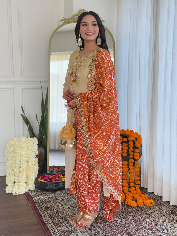 Women's Chiku BSY Viscose Embroidered Straight Kurta with Pant & Silk Blend Embroidered Laced Dupatta Set