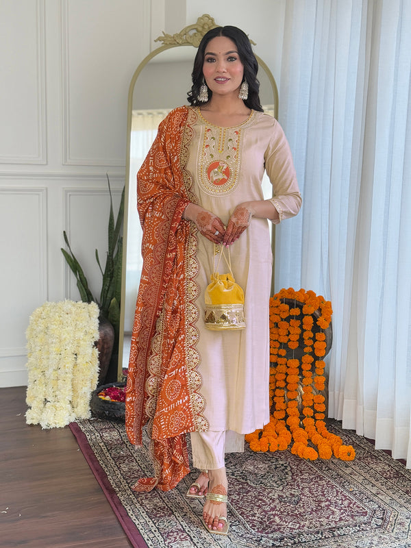 Women's Chiku BSY Viscose Embroidered Straight Kurta with Pant & Silk Blend Embroidered Laced Dupatta Set