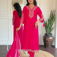 BSY Viscose Embroidered Straight Kurta Set with Taby Dupatta