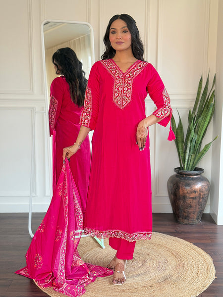 BSY Viscose Embroidered Straight Kurta Set with Taby Dupatta