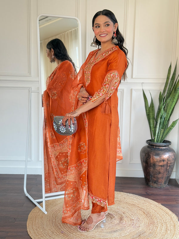 BSY Viscose Embroidered Straight Kurta Set with Taby Dupatta