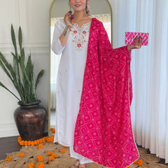 Women's White BSY Viscose Embroidered Straight Kurta with Pant & Silk Blend Dupatta Set with Full Inner