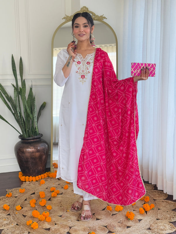 Women's White BSY Viscose Embroidered Straight Kurta with Pant & Silk Blend Dupatta Set with Full Inner