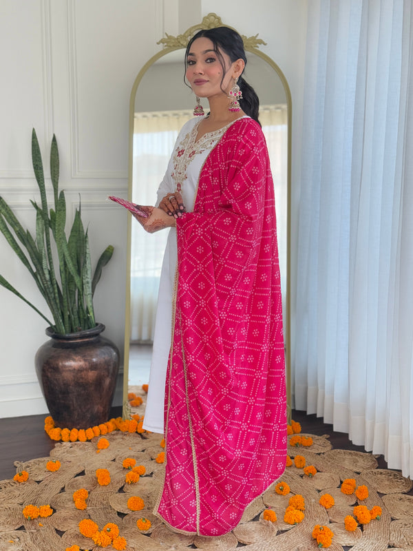 Women's White BSY Viscose Embroidered Straight Kurta with Pant & Silk Blend Dupatta Set with Full Inner