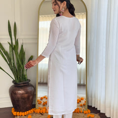 Women's White BSY Viscose Embroidered Straight Kurta with Pant & Silk Blend Dupatta Set with Full Inner