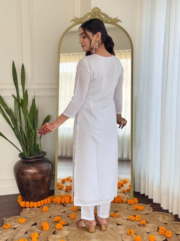 Women's White BSY Viscose Embroidered Straight Kurta with Pant & Silk Blend Dupatta Set with Full Inner