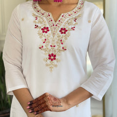 Women's White BSY Viscose Embroidered Straight Kurta with Pant & Silk Blend Dupatta Set with Full Inner