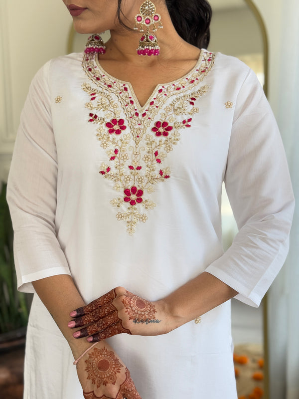 Women's White BSY Viscose Embroidered Straight Kurta with Pant & Silk Blend Dupatta Set with Full Inner