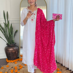 Women's White BSY Viscose Embroidered Straight Kurta with Pant & Silk Blend Dupatta Set with Full Inner