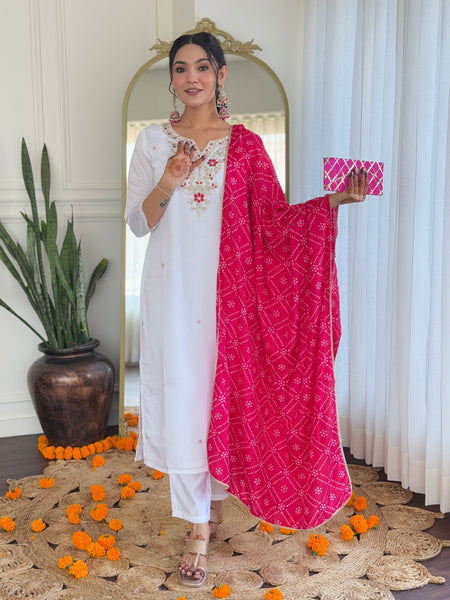 Women's White BSY Viscose Embroidered Straight Kurta with Pant & Silk Blend Dupatta Set with Full Inner