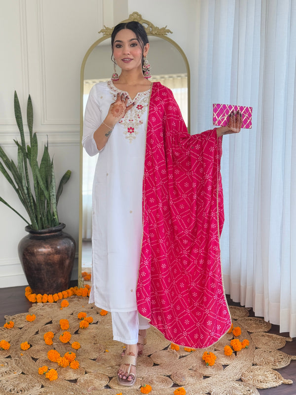 Women's White BSY Viscose Embroidered Straight Kurta with Pant & Silk Blend Dupatta Set with Full Inner